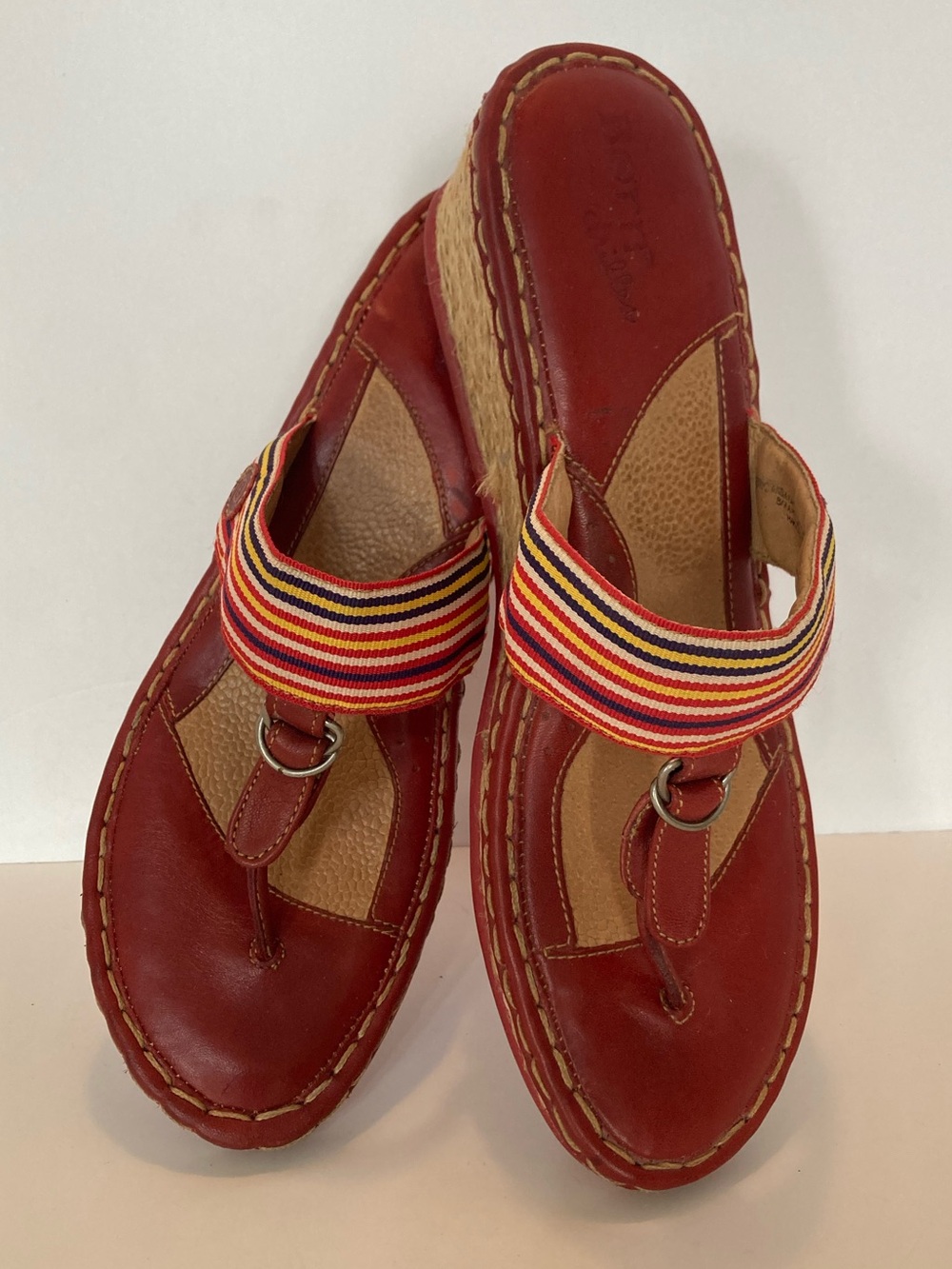 Women's Red Leather Slide Sandals with Multicolor Stripe Strap. Item# SD1